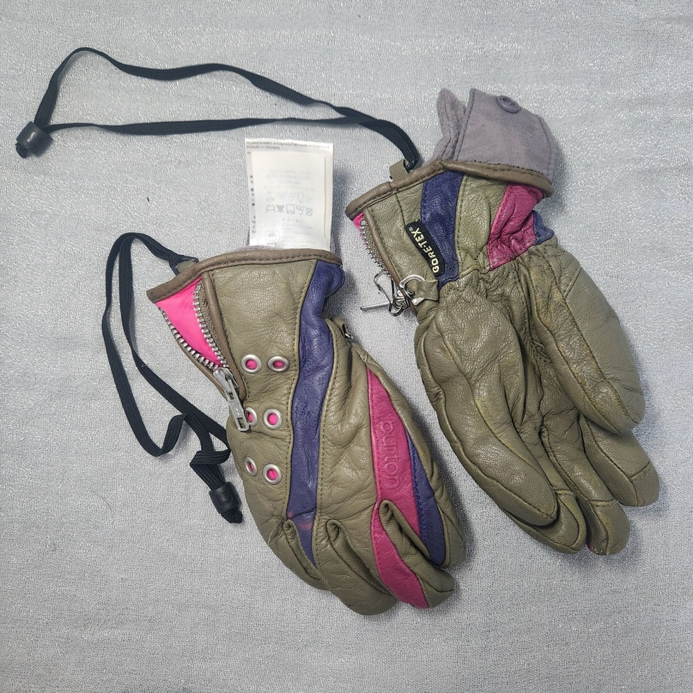 Burton Gore-Tex Leather Snowboard Gloves Olive Green‎ Purple Magenta Vtg Retro